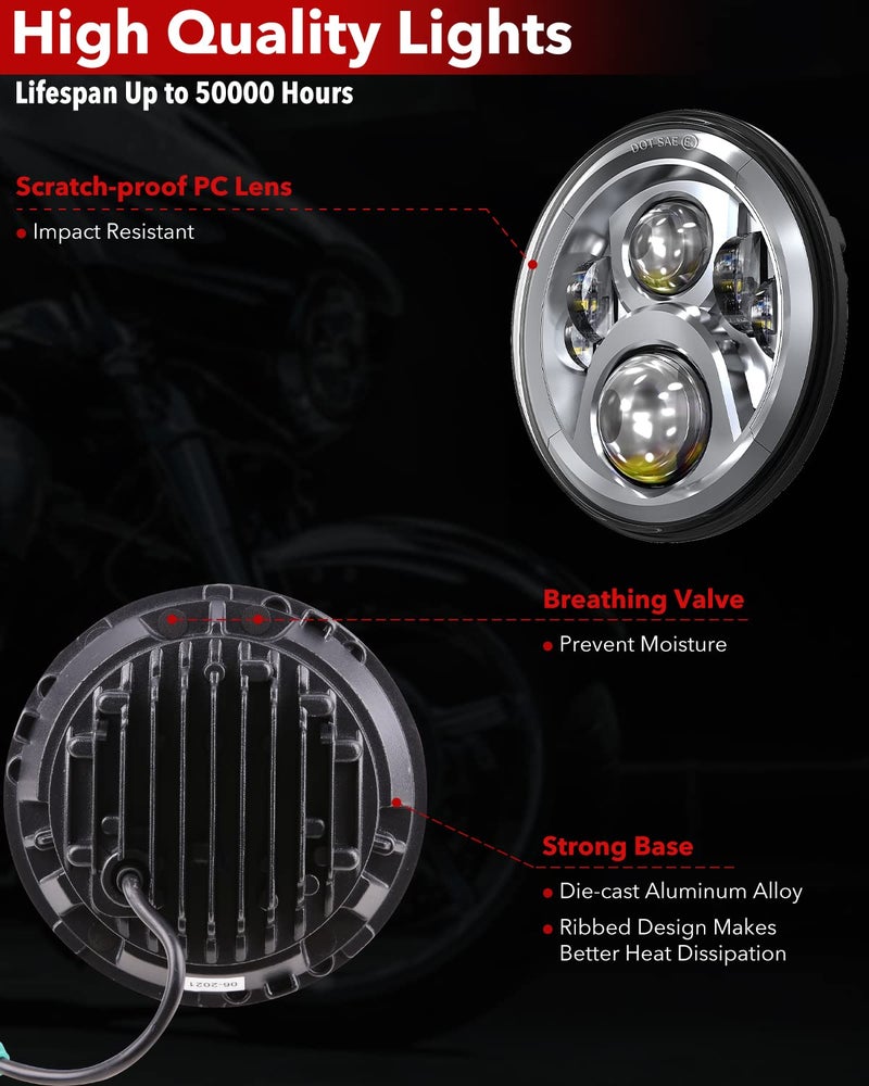 BICYACO 7 Inch LED Motorcycle Headlight with 4.5 Inch Fog Lights Passing Lamps DOT SAE Approved, Compatible with Harley Davidson Classic Electra Street Glide Fat Boy Road King Heritage Softail Chrome - Image 5
